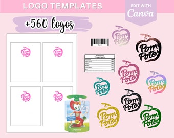 Modèle complet pour créer des emballages Pom Pote, template (gabarit) sur Canva, 470 logos et 90 codes-barres en téléchargement