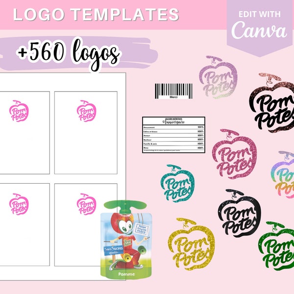 Modèle complet pour créer des emballages Pom Pote, template (gabarit) sur Canva, 470 logos et 90 codes-barres en téléchargement