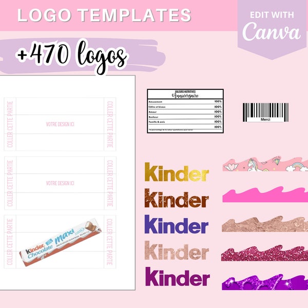 Modèle complet pour créer des emballage Kinder maxi, template (gabarit) sur Canva + 380 logos et 90 codes-barres en téléchargement