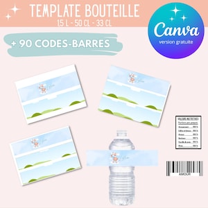 Op de afbeelding: Een waterfles met een etiket met een aquarelontwerp van een teddybeer met ballonnen. Het etiket is lichtblauw met groene heuvels en de naam "Gyllian". De tekst "TEMPLATE BOUTEILLE" en "+ 90 CODES-BARRES" is inbegrepen.