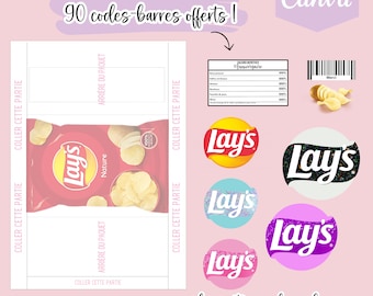 Modelo completo para empaque de chips Lay's, plantilla (template) en Canva + 110 logos y 90 códigos de barras para descargar