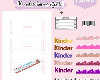 Modèle complet pour créer des emballage Kinder maxi, template (gabarit) sur Canva + 380 logos et 90 codes-barres en téléchargement