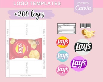 Modèle complet pour créer des emballages chips Lay's, template (gabarit) sur Canva + 110 logos et 90 codes-barres en téléchargement