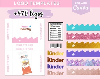 Modèle complet pour créer des emballages Kinder Country, template (gabarit) sur Canva + 380 logos et 90 codes-barres en téléchargement