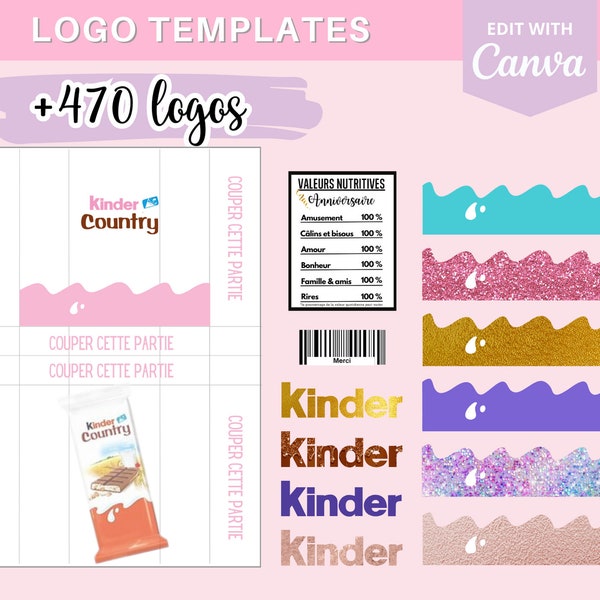 Modèle complet pour créer des emballages Kinder Country, template (gabarit) sur Canva + 380 logos et 90 codes-barres en téléchargement
