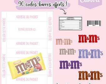 Compleet model voor M&M's verpakking, template (template) op Canva +190 logo's en 90 barcodes om te downloaden