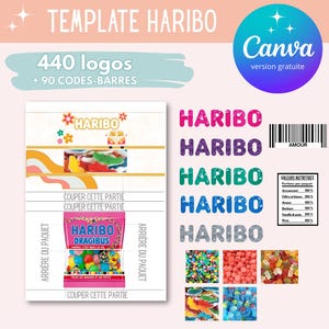 Modelo para embalagem Haribo - Modelo de saco de doces Haribo personalizado - Doces Haribo personalizados - logotipo canva e modelo de código de barras
