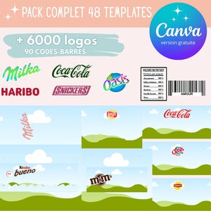 Pacchetto completo di 48 modelli per confezioni - Modelli personalizzati per Haribo, Kit Ka, Lay's, Kinder - Modello di logo e codice a barre Canva