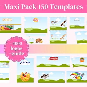 Peut inclure: Graphique rose avec le texte "Maxi Pack 150 Templates" et divers modèles de marques alimentaires, dont Haribo, Lays et Kinder Bueno. Un cercle rose avec "+4000 logos + guide" est également présent.