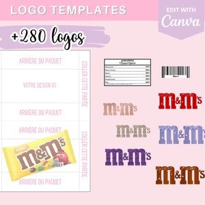 Modèle complet pour créer des emballages M&m's, template gabarit sur Canva 190 logos et 90 codes-barres en téléchargement image 1