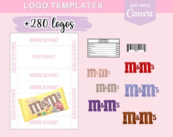 Compleet model voor het maken van M&M's-verpakkingen, sjabloon (template) op Canva +190 logo's en 90 barcodes om te downloaden