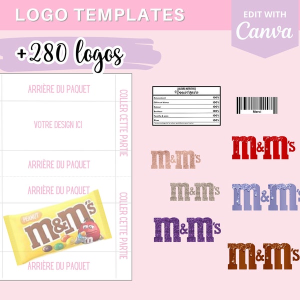 Complete model to create M&m's packaging, template (template) on Canva +190 logos and 90 barcodes for download