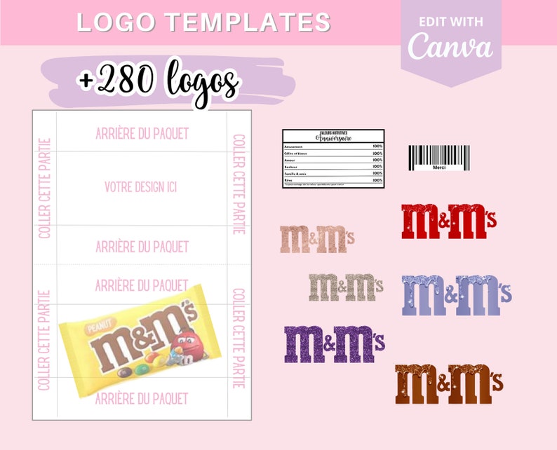 Modèle complet pour créer des emballages M&m's, template gabarit sur Canva 190 logos et 90 codes-barres en téléchargement image 1