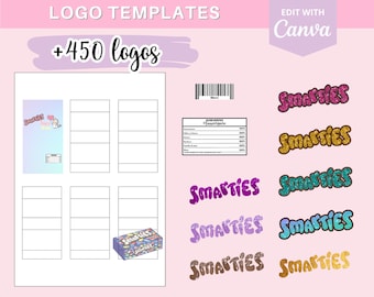 Compleet model om Smarties-verpakkingen, sjabloon (template) op Canva te maken + 360 logo's en 90 barcodes om te downloaden