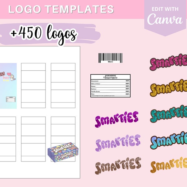 Modèle complet pour créer des emballages Smarties, template (gabarit) sur Canva + 360  logos et 90 codes-barres en téléchargement