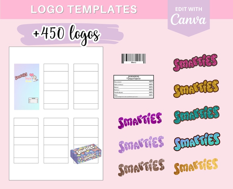 Modèle complet pour créer des emballages Smarties, template gabarit sur Canva 360 logos et 90 codes-barres en téléchargement image 1