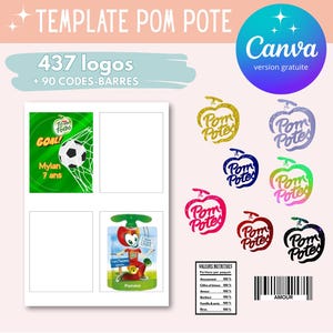 Op de afbeelding: Een printbare sjabloon voor Pom Potes snackzakjes. De sjabloon bevat 437 logo's en 90 barcodes. De logo's zijn in verschillende kleuren, waaronder goud, blauw, rood, groen en paars. De sjabloon bevat ook een voedingswaardelabel en een barcode.