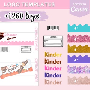 Modèle complet pour créer des emballages kinder bueno, template gabarit sur Canva, 1100 logos et 90 codes-barres en téléchargement image 1