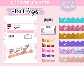 Modèle complet pour créer des emballages kinder bueno, template (gabarit) sur Canva, +1100 logos et 90 codes-barres en téléchargement