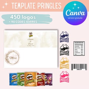 Peut inclure: Un modèle imprimable pour créer des étiquettes de boîte de Pringles personnalisées. Le modèle propose une variété de designs, notamment une moustache, un cœur et une étoile. Le texte sur le modèle indique "450 logos + 90 codes-barres".