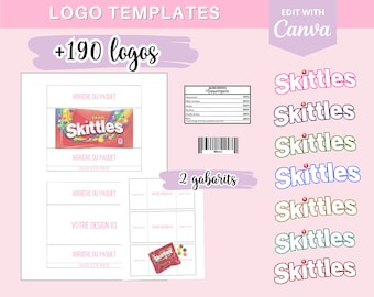Vollständige Vorlagen zum Erstellen von Skittles-Verpackungen, Vorlage auf Canva + 100 Logos und 90 Barcodes zum Download