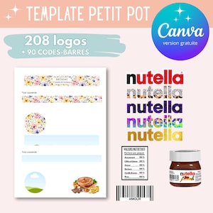Peut inclure: Un modèle de conception avec le texte "TEMPLATE PETIT POT" et "208 logos + 90 CODES-BARRES". Il comprend un pot de Nutella, diverses conceptions de logo Nutella et une page avec des éléments floraux et le texte "BIRTHAY Camellia & Jordana".