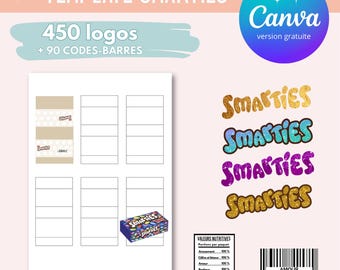 Plantilla para embalaje de smarties - Modelo de smarties personalizado - smarties personalizados - logotipo de canva de plantilla y código de barras de smarties