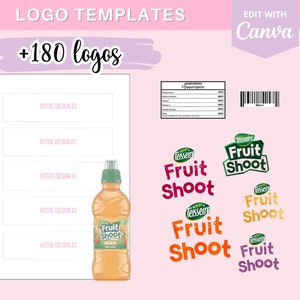 Modèle complet pour créer des étiquettes fruit shoot, template gabarit sur Canva 90 logos et 90 codes-barres en téléchargement image 1