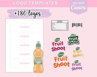Modèle complet pour créer des étiquettes fruit shoot, template (gabarit) sur Canva + 90 logos et 90 codes-barres en téléchargement