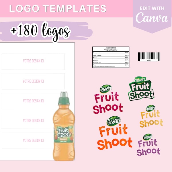 Modèle complet pour créer des étiquettes fruit shoot, template (gabarit) sur Canva + 90 logos et 90 codes-barres en téléchargement