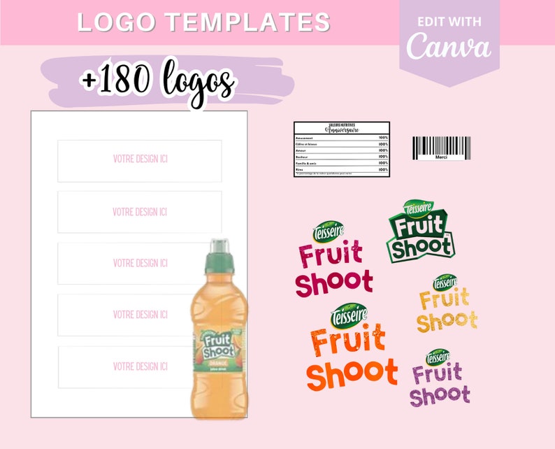 Modèle complet pour créer des étiquettes fruit shoot, template gabarit sur Canva 90 logos et 90 codes-barres en téléchargement image 1