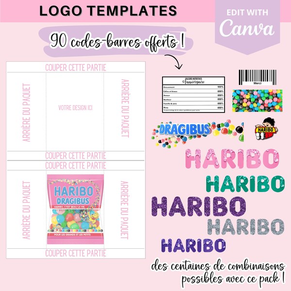 Komplettes Modell zur Erstellung von Haribo-Verpackungen (kleiner und mittlerer Beutel), Vorlage (Vorlage) auf Canva + 190 Logos und 90 Barcodes