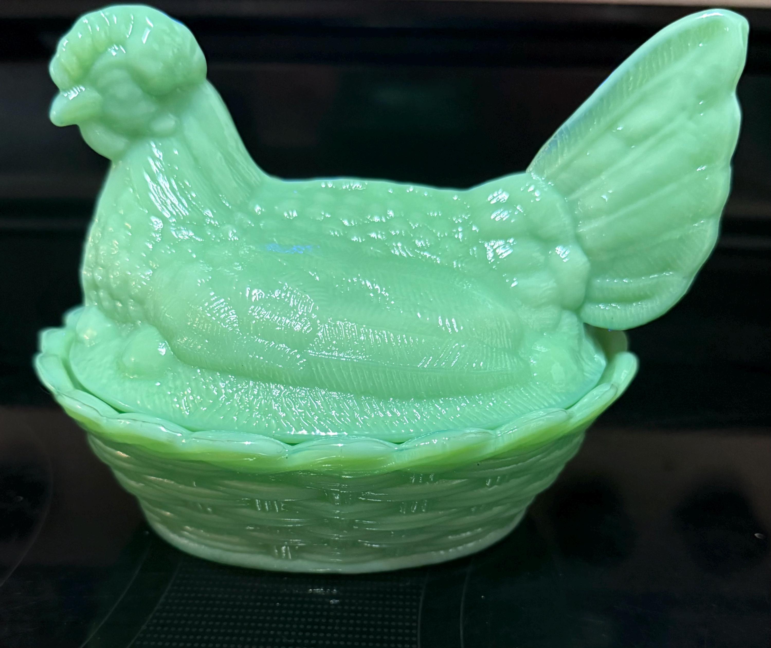 Mosser Glass USA Mini Hen On Nest – Jadeite Salt Well, 3” Wide, Handmade In USA
