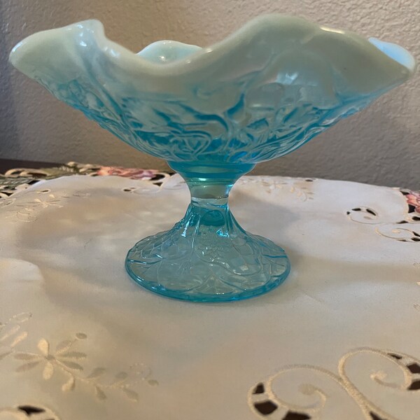 Vintage Fenton Blue Opalescent Water Lily Glass Compote Dish