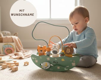Personalized wooden motor skills loop – Safari – learning toy with name engraving, suitable for children from 1 year old,baby gift with name