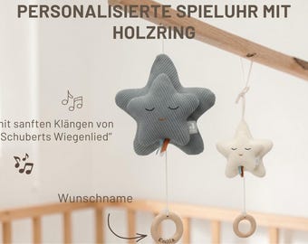 Personalized Baby Music Box with Name – Star Music Box with Wooden Ring – Schubert's Lullaby – Gift for Birth, Christening, Godchild