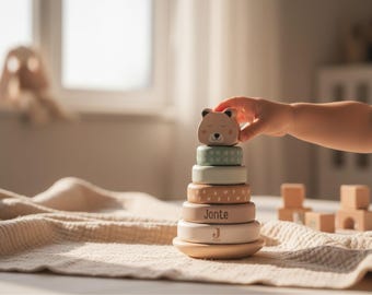 Personalized wooden stacking tower, bear head, christening gift, baby gift, with name, sustainable wooden toy, birth gift