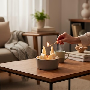Puede incluir: Un cuenco de cerámica gris lleno de ceras perfumadas blancas con forma de árboles y otras formas. Se sostiene una cerilla encendida sobre las ceras, con vapor ascendente. El cuenco está sobre una mesa de centro de madera.