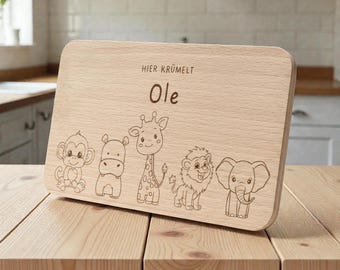 Personalized cutting board with name, baby gift, personal gift for children. Breakfast board zoo animals, board for birth
