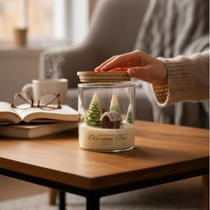 Op de afbeelding: Een glazen potkaars met een houten deksel, met een miniatuur kerstscène met groene bomen en een bruin huisje. De kaars heeft de tekst "Christmas Tree". De pot staat op een houten tafel.