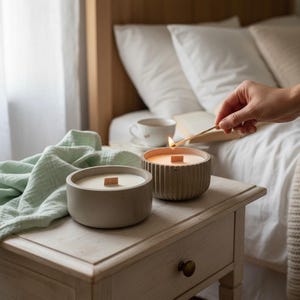 Modernt betongljus, ljus i en betongbehållare, mysigt ljus med träveke, betongdekoration, vaniljdoftande ljus, fin liten present
