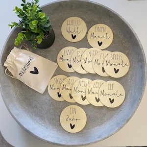 Tarjetas de hitos, conjunto de hitos, regalo para nacimiento, primer año de vida para fotos, bebe, primeros 12 meses, hitos, redondo hecho en madera