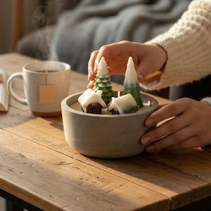 Puede incluir: Un cuenco de hormigón gris contiene velas en miniatura con forma de casas y árboles. Unas manos están colocando las velas. Una taza de té está sobre una mesa de madera, con un libro al fondo. La escena evoca un tema invernal y acogedor.