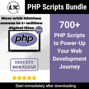 Könnte beinhalten: Eine lila und weiße Grafik mit dem Text "PHP Scripts Bundle" und "700+ PHP Scripts to Power-Up Your Web Development Journey". Die Grafik enthält auch einen Laptop mit dem Text "php" auf dem Bildschirm, eine Sternebewertung und den Text "Sofort-Download".