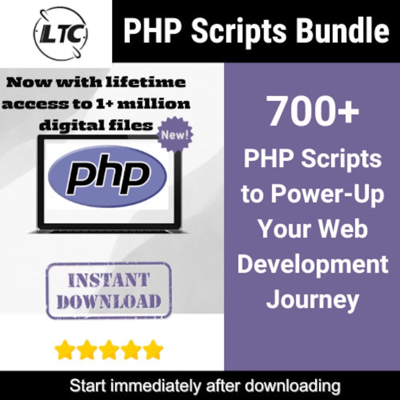 May include: A purple and white graphic with the text "PHP Scripts Bundle" and "700+ PHP Scripts to Power-Up Your Web Development Journey". The graphic also includes a laptop with the text "php" on the screen, a star rating, and the text "Instant Download".