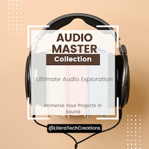 Könnte beinhalten: Ein schwarzer Kopfhörer mit einem weißen quadratischen Rahmen. Der Rahmen enthält den Text "AUDIO MASTER Collection", "Ultimate Audio Exploration", "Immerse Your Projects in Sound" und "@LiteraTechCreations".