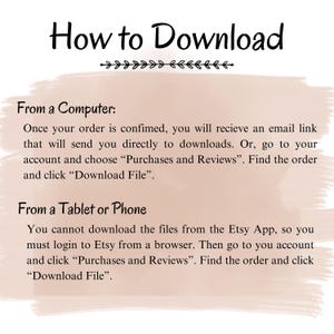 May include: A pink and white graphic with the text "How to Download" in black. The graphic provides instructions on how to download digital files from Etsy on a computer or tablet.