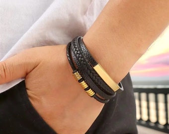 Schwarz/Silber/Gold Metall Leder Armband | Geflochtenes Fischgrat | Metall Ringe | Farblich abgestimmt | Robust Rustikal | Geschenk für Ihn