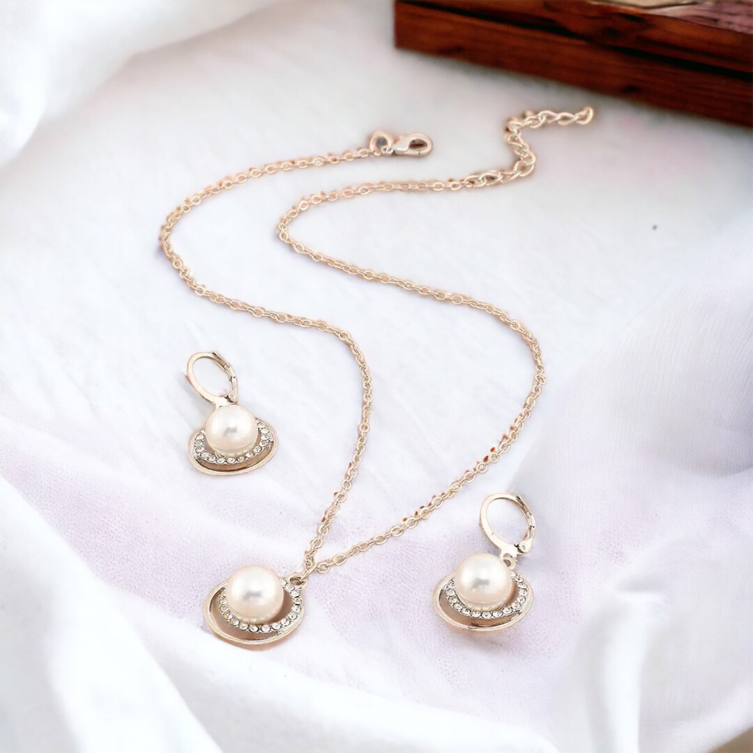 Gold Pearl Earring and Necklace Jewellery Set Large Pearl Jewellery