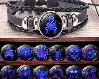 Sternzeichen Leucht Armband | Rustikales Leder und Silber Armband | Unisex Sternzeichen Schmuck | Astrologie Zubehör | Geburts-Zeichen